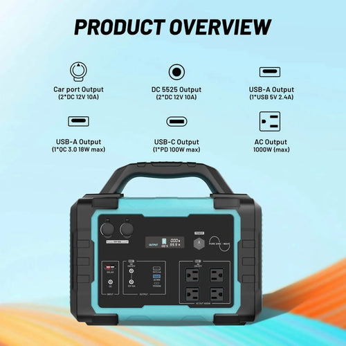1000W Portable Solar Generator, 1024Wh LiFePO4 Battery Power Station with 100W Solar Panel, USB-C Power Bank for for Camping, Outdoor Travel, RV, and Home Emergency-Blue