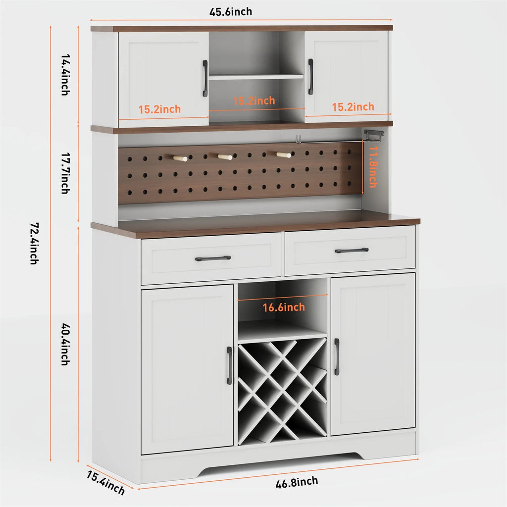 LAFGUR 72" Kitchen Storage Cabinet with Power Outlet & LED Light, Coffee Bar Cabinet with Drawers & Wine Glass Rack,Sideboard for Home,White