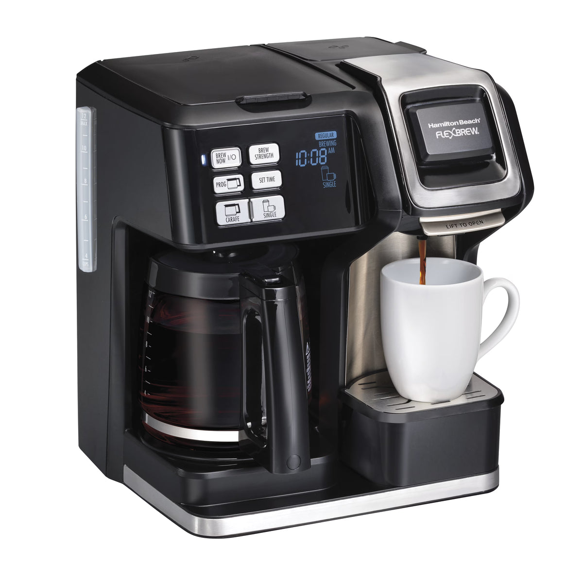 Hamilton Beach FlexBrew Coffee Maker, K Cup Pod Compatible Single Serve Coffee Maker & 12-Cup Coffee Pot, Black