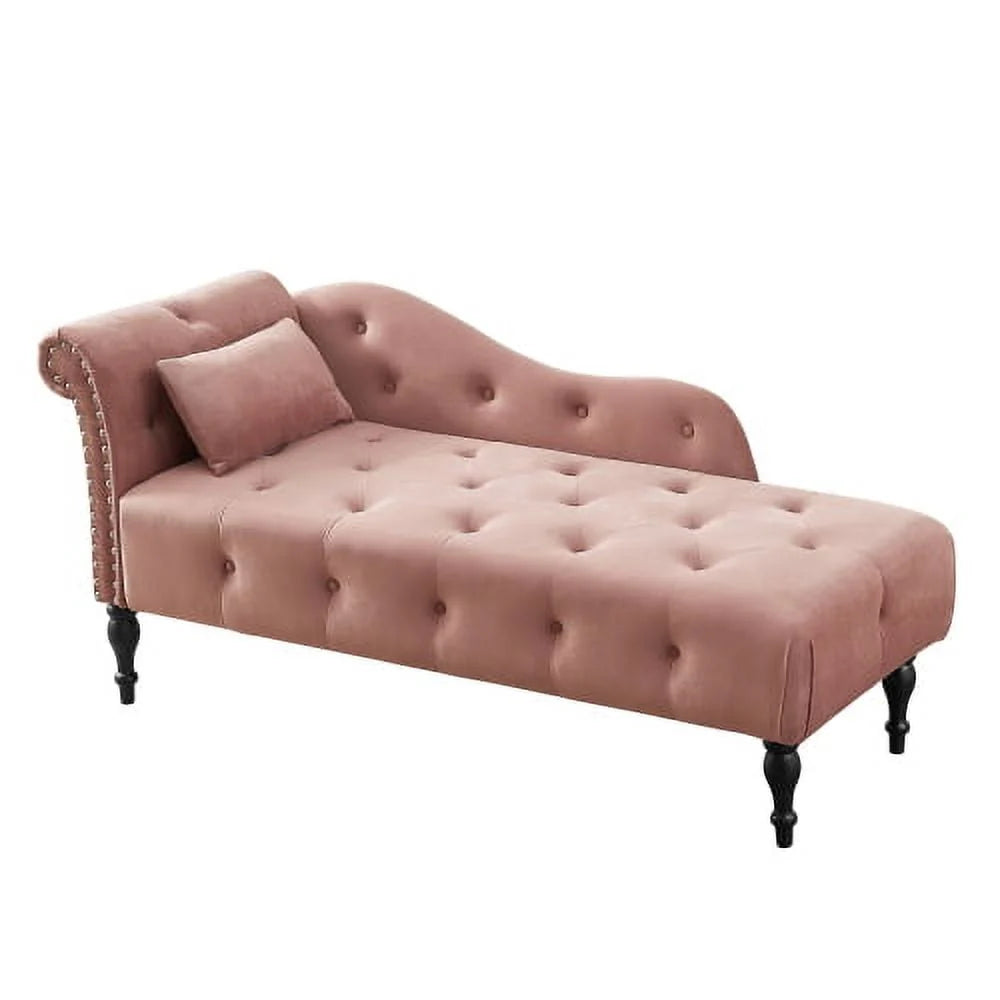 60.6" Velvet Chaise Lounge Chair, Sleeper Lounge Sofa with Buttons Tufted and Nailhead Trimmed, Modern Tufted Long Lounger with 1 Pillow and Solid Wood Legs, for Living Room or Office, Rose