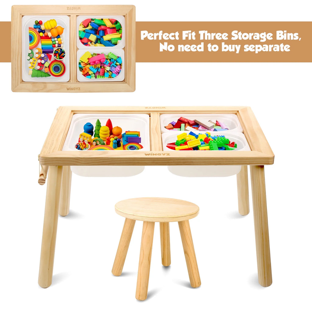 Sweet Time Toddler Sensory Table Chairs, Wood Kids Activity Table with Storage Play Study Furniture