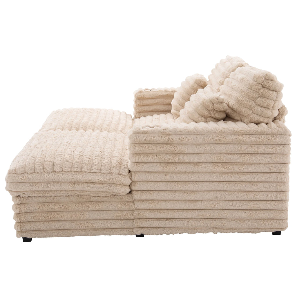 Oversized Double Chaise Lounge, Faux Fur Upholstered Deep Seat Sofa with 2 Pillows, 2 Cupholders, and Dual USB Ports