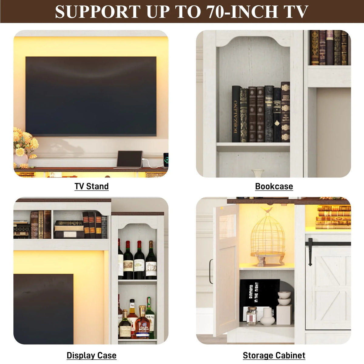 Farmhouse Wall Unit TV Stand with Storage for TVs up to 75", Large Entertainment Center with Bookshelves, LED Light & Power Outlet for Living Room