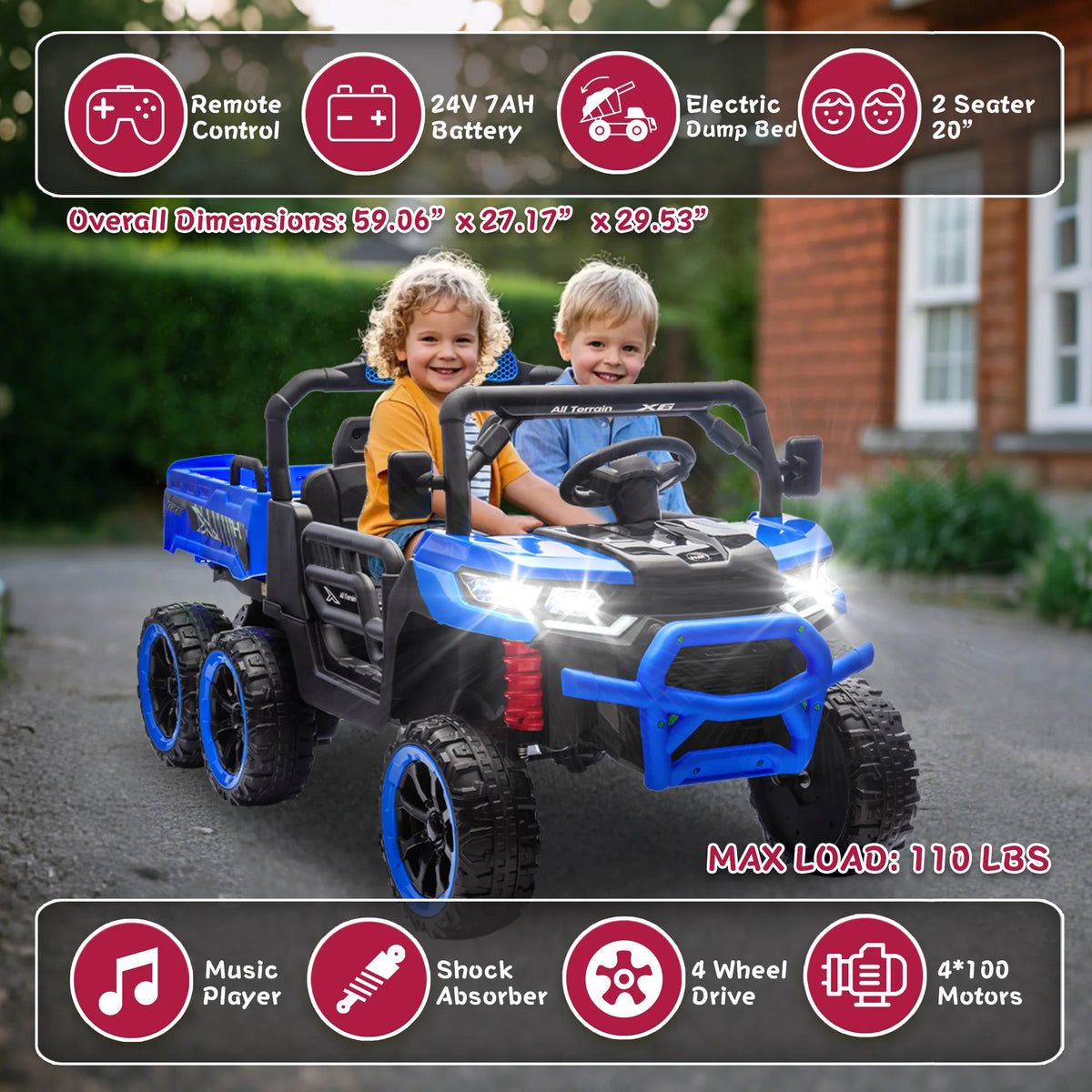 Xuanlur 24V 2 Seater Kids Ride on Car Truck, Ride on UTV W/ 2x200W Motor, 24 Volt Ride on Toys W/ Dump Bed/Shovel, Electric Car for Kids W/ Durable Tires, LED Light, Music, Remote Control, Black