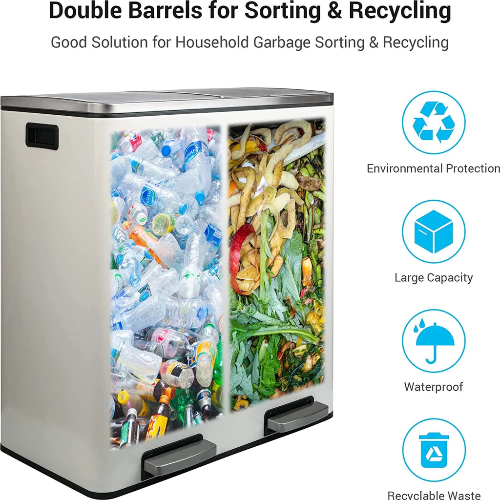 Arlopu 60 L/16 gal Dual Trash Can, Stainless Steel Garbage Can for Kitchen, Recycle Bin with Lid
