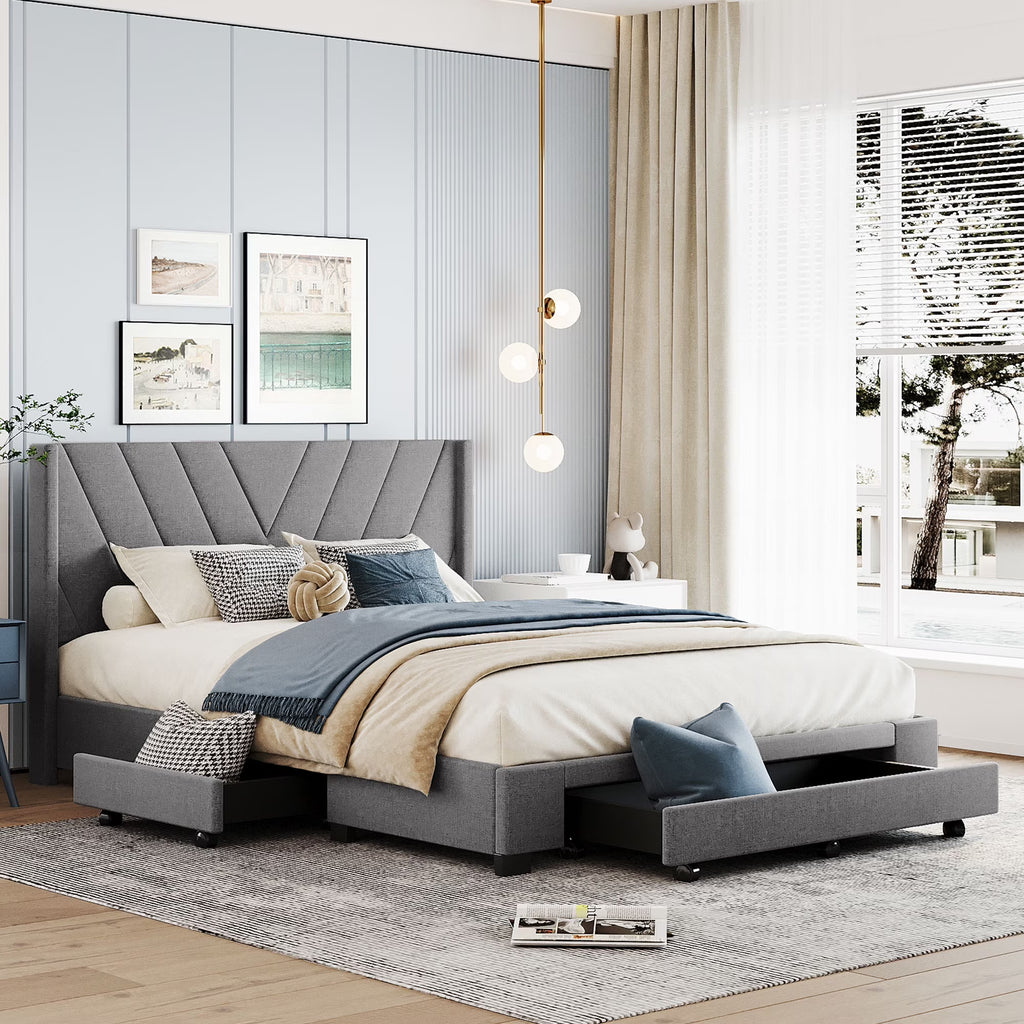 Sesslife Queen Bed Frame with Storage, New Upgraded Linen Upholstered Platform Bed with 3 Drawers, Queen Size Storage Bed with Headboard and Wooden Slats, No Box Spring Needed, Holds 500lbs, Beige