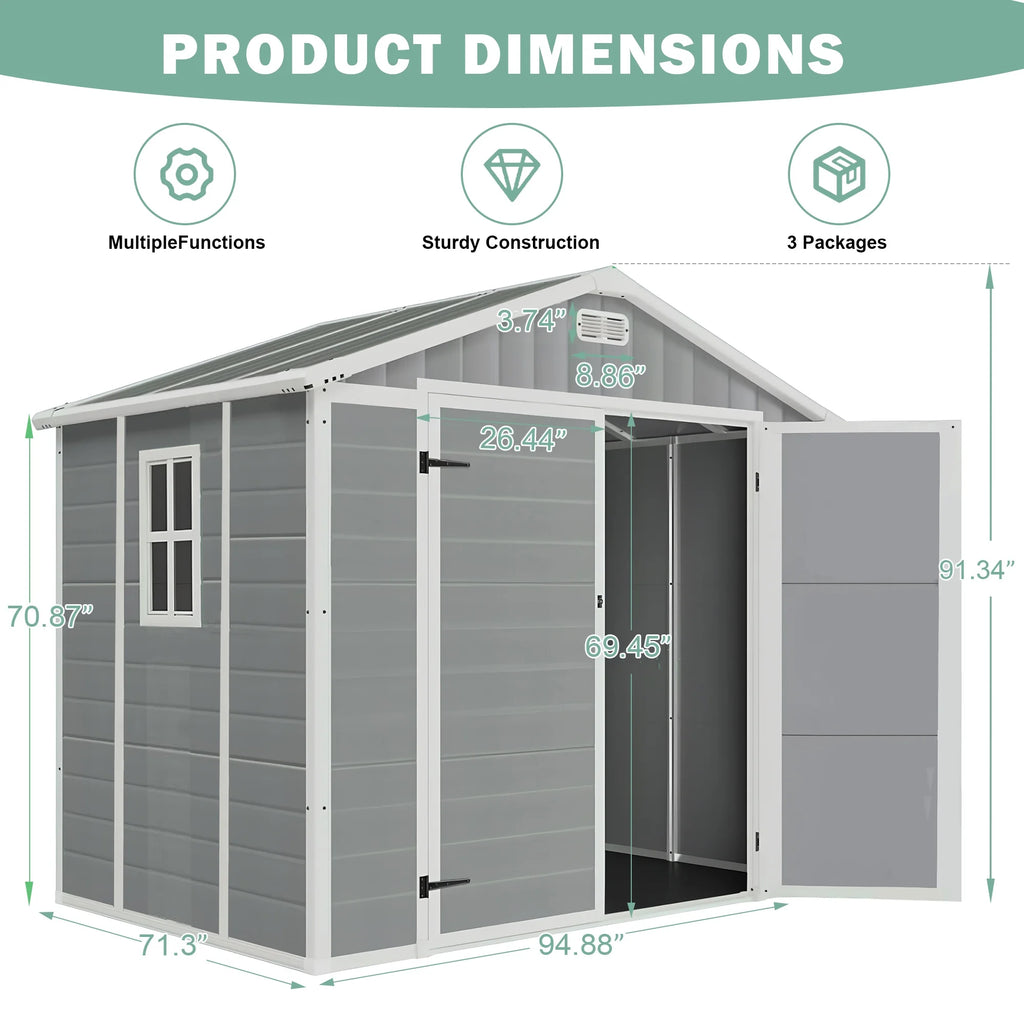 Outdoor Shed & Storage, Seizeen All-Weather Plastic Sheds 82'' H, Sloped Top Garden Shed with Window, Heavy-Duty Resin Outdoor Storage W/Floor, Gray