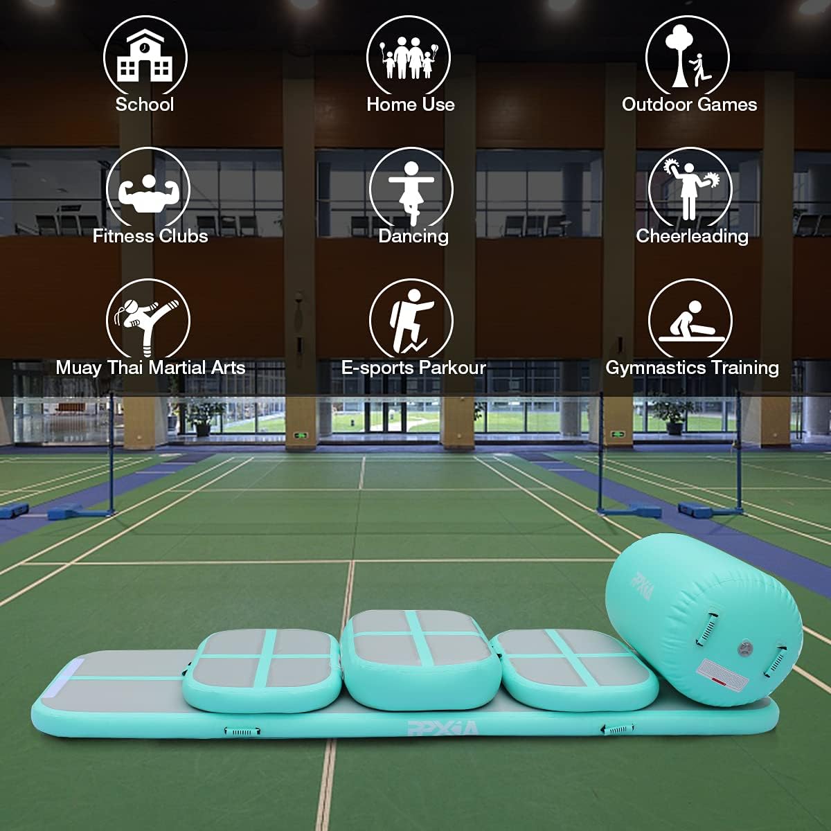 Gymnastics Mat Set 10FT Inflatable Tumbling Mat, 39*24 inch Air Roller Gymnastics Barrel and 3 Air Block with 800W Air Pump for Training Cheerleading Home Use Yoga and Water Use