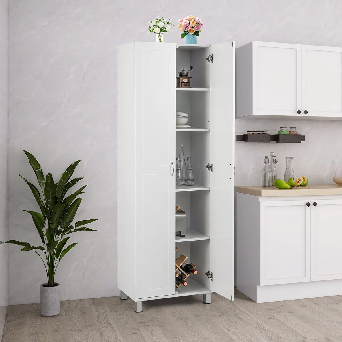 Gymax 2-Door Tall Storage Cabinet Kitchen Pantry Cupboard Organizer Furniture White