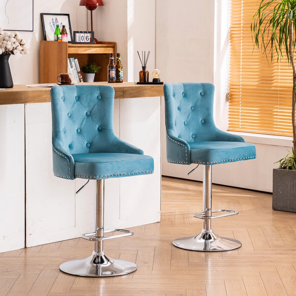 Alexent  2PCS Swivel Bar Stools, High Back, Button Tufted, Silver Footrest and Nailhead Trim Swivel Bar Chairs for Kitchen, Bar Velvet Upholstered Bar Stools, Dark Blue
