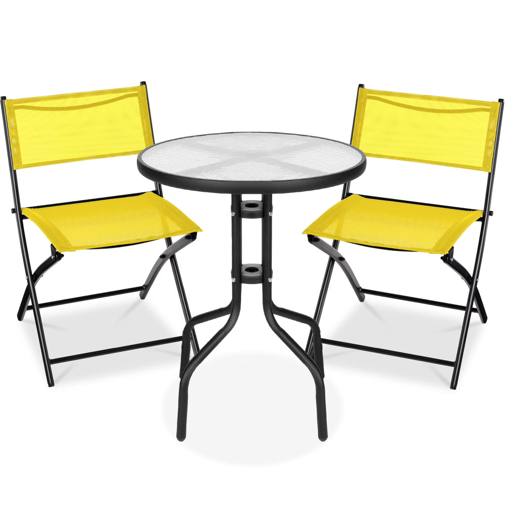Best Choice Products 3-Piece Patio Bistro Dining Furniture Set w/ Glass Tabletop, Folding Chairs - Gray