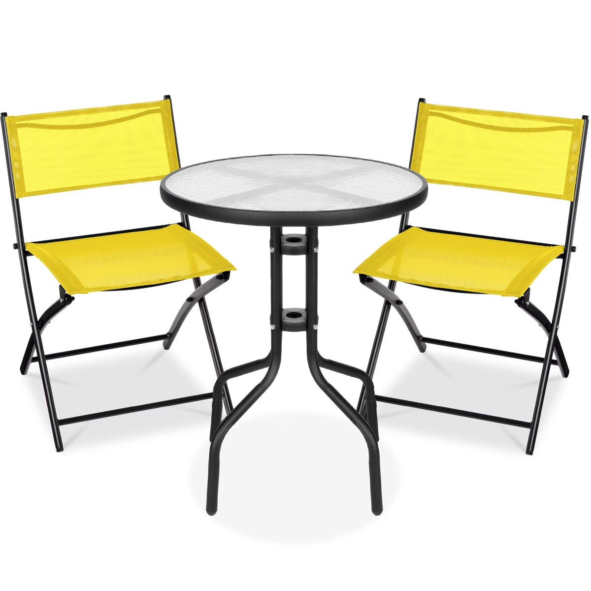 Best Choice Products 3-Piece Patio Bistro Dining Furniture Set w/ Glass Tabletop, Folding Chairs - Gray