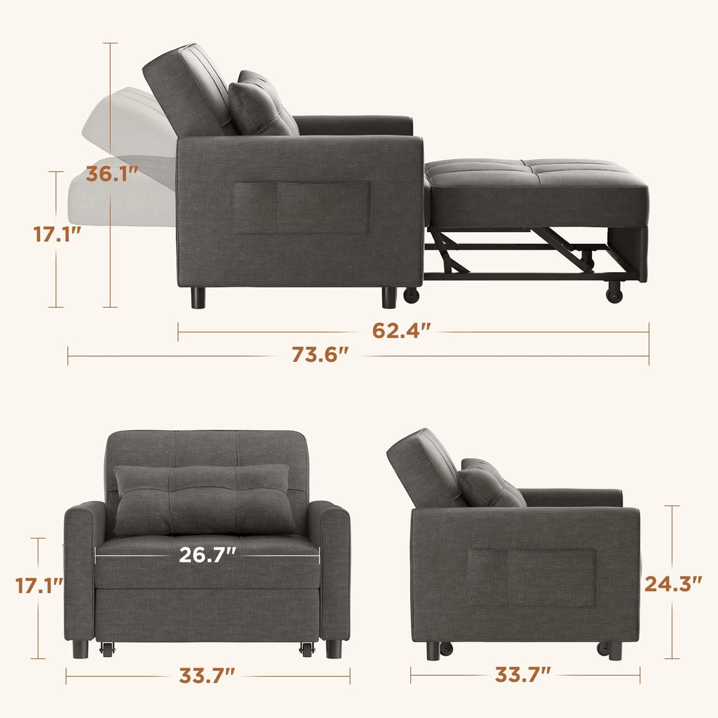 Convertible Sofa Bed, 73.6'' 3 in 1 Sleeper Chair Bed with Adjustable Backrest, Dark Gray