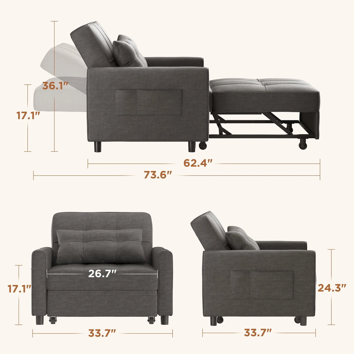Convertible Sofa Bed, 73.6'' 3 in 1 Sleeper Chair Bed with Adjustable Backrest, Dark Gray