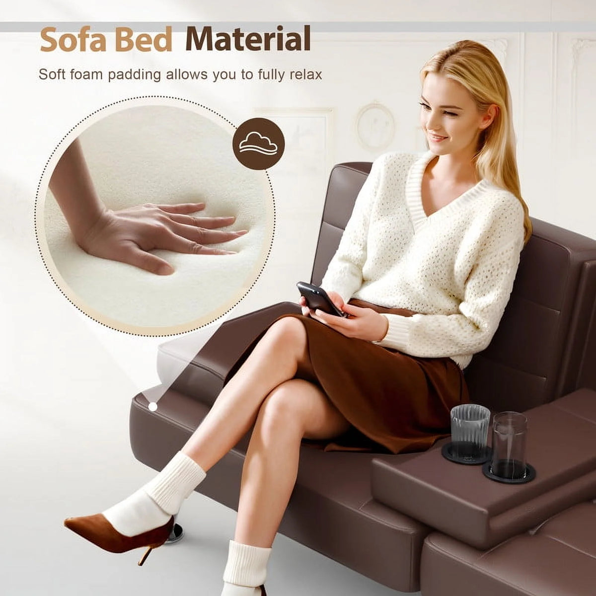 Furmax Futon Sofa Bed Convertible Folding Faux Leather Couch with 2 Cup Holders,Black