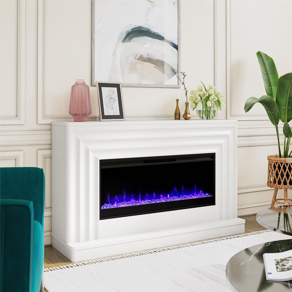 CosmoLiving by Cosmopolitan Rene Electric Fireplace Mantel 65" TV Stand with Multi-Color Flame and Crystal Ember Bed, Black