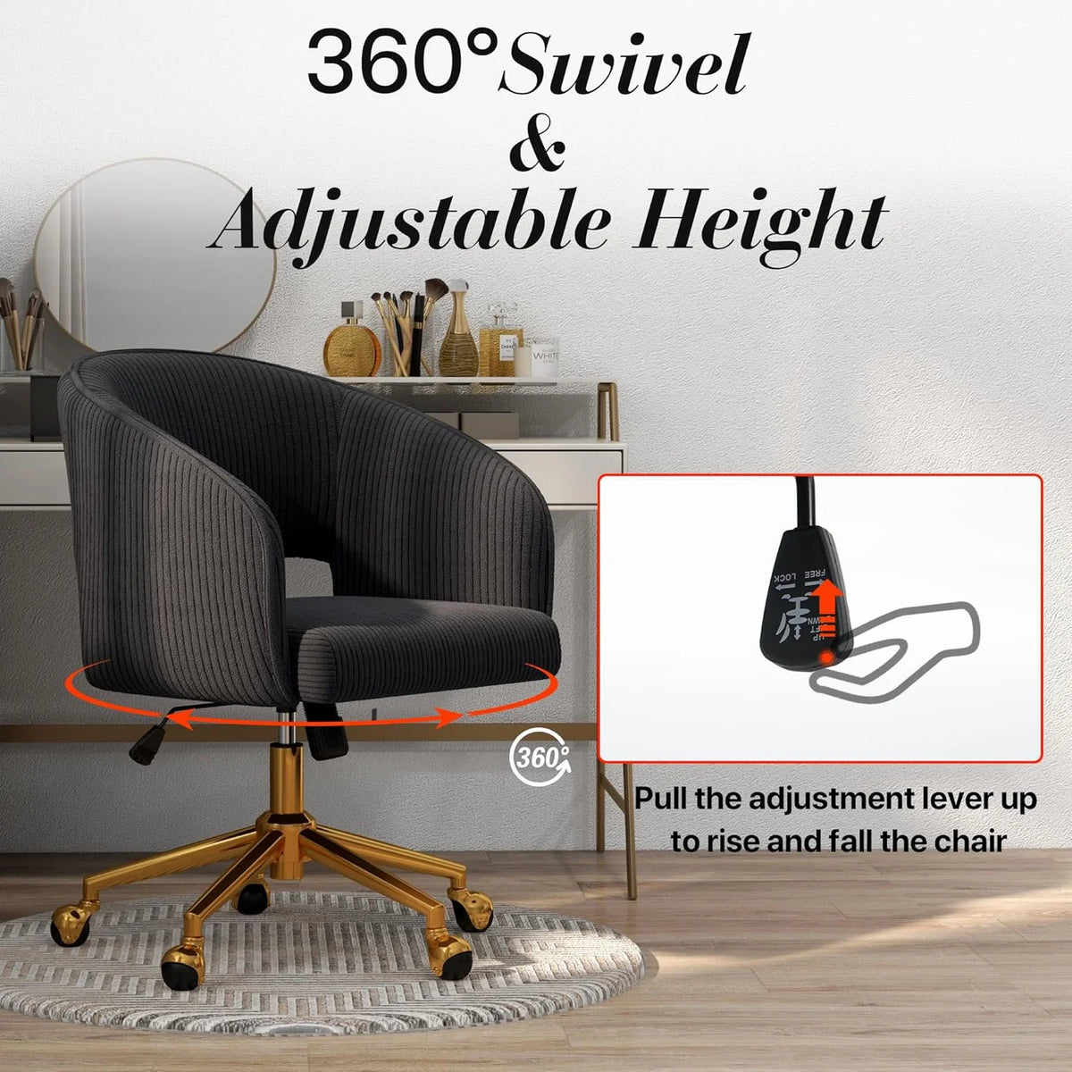 Home Office Swivel Desk Chair, Modern Velvet Vanity Chair, Height Adjustable Armchair with Gold Base, Ergonomic Office Chair for Task Study Computer Room, Beige