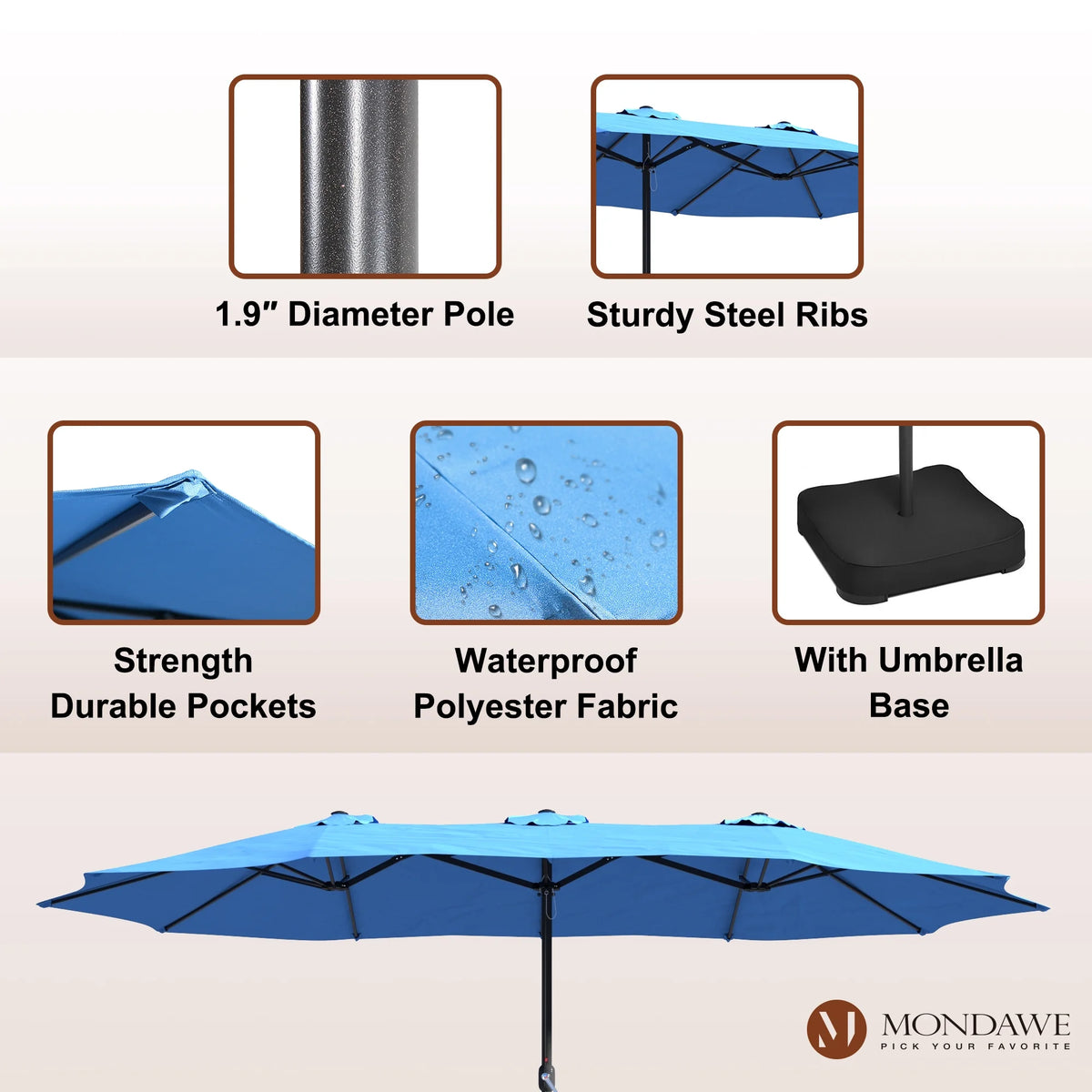 Mondawe 15ft Patio Umbrella Rectangular Outdoor Market Umbrella with Base and LED Lights Beige