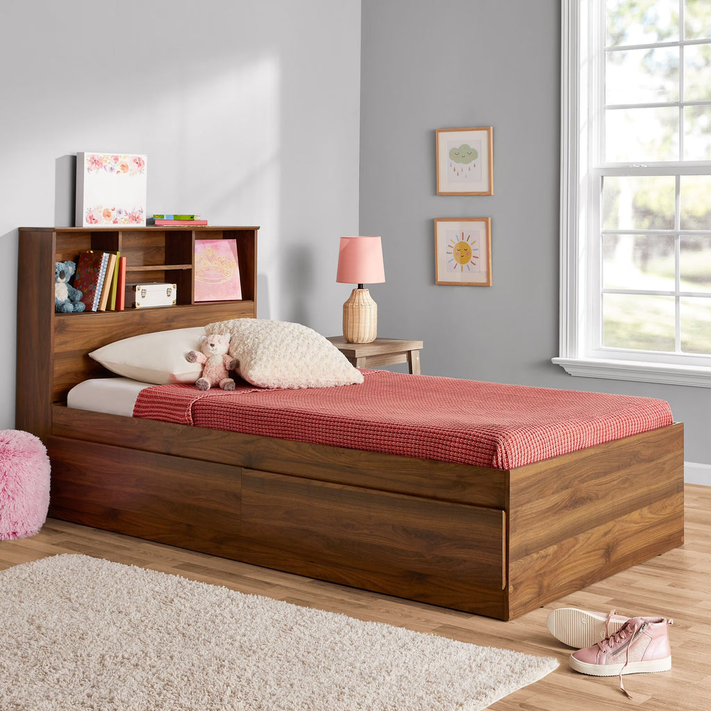 Your Zone Easy to Assemble Storage Bed with Bookcase Headboard, Twin, Natural Teak Finish