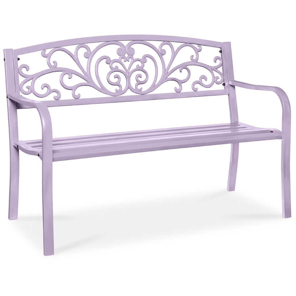 Best Choice Products Outdoor Steel Bench Garden Patio Porch Furniture w/ Floral Design Backrest - Black