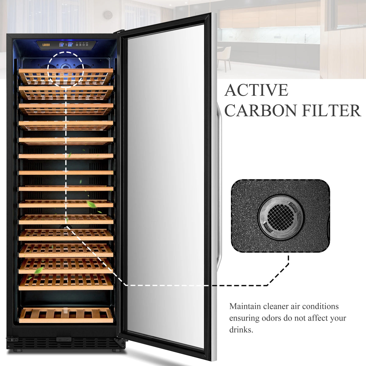 Lanbo 165 Bottle Built-in Black Single Zone Wine Cooler 24 inch Width