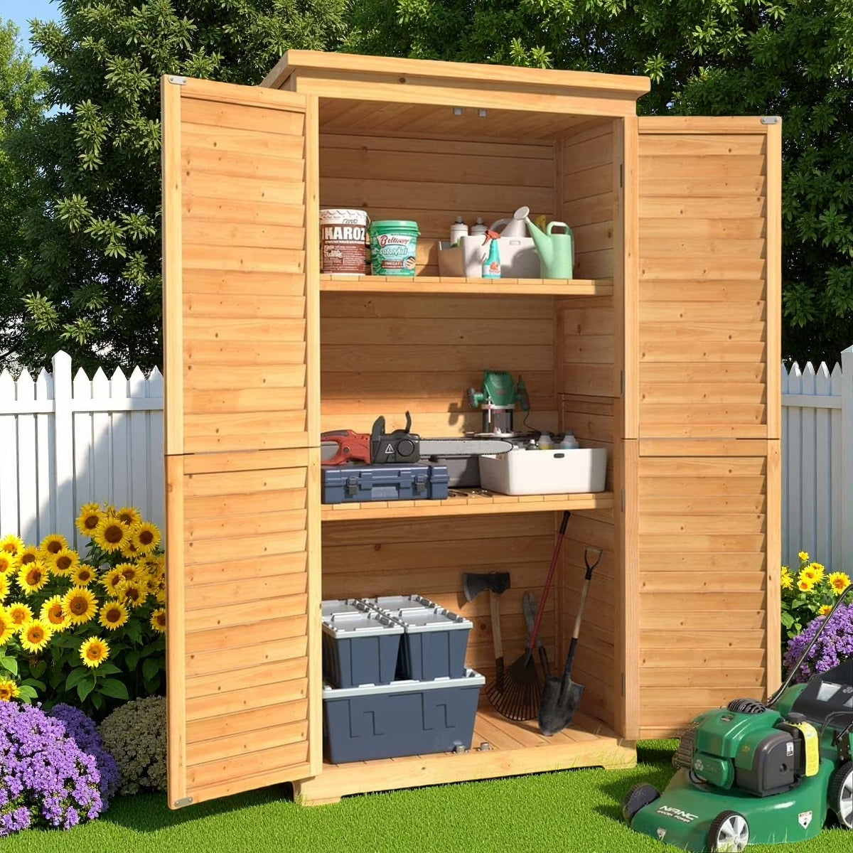 63.2" Outdoor Storage Cabinet, Lofka  Lockable Doors Garden shed with Adjustable Shelves| Asphalt Roof| Ventilate Shutter, Wood Shed with Large Storage Space, Waterproof Roof for Garden, Natural