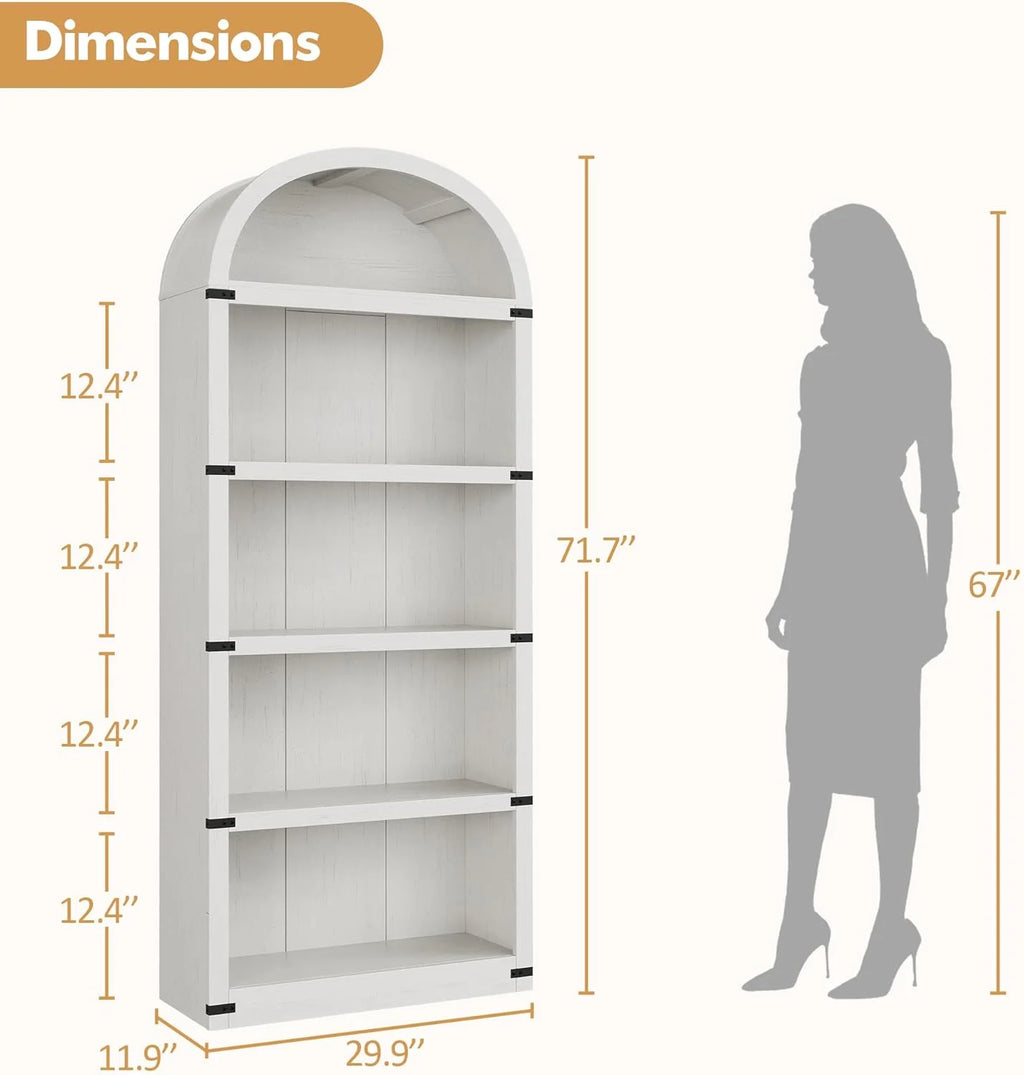 Bookcase 5 Shelf Arched Bookshelf 71.65in Tall Bookcase Farmhouse Display Storage Rack Wooden Bookshelves for Home Office, Living Room(white)