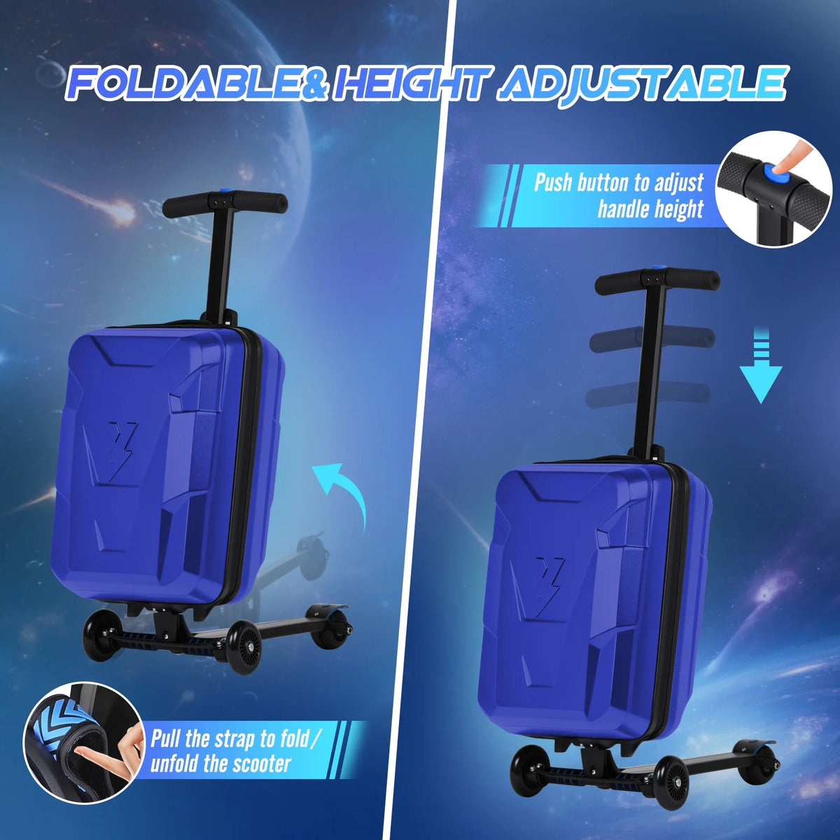 Advwin Ride-On Scooter Suitcase with LED Light-up Wheels, Hardshell Lightweight Foldable Rideable Luggage for Kids & Adults, Silver