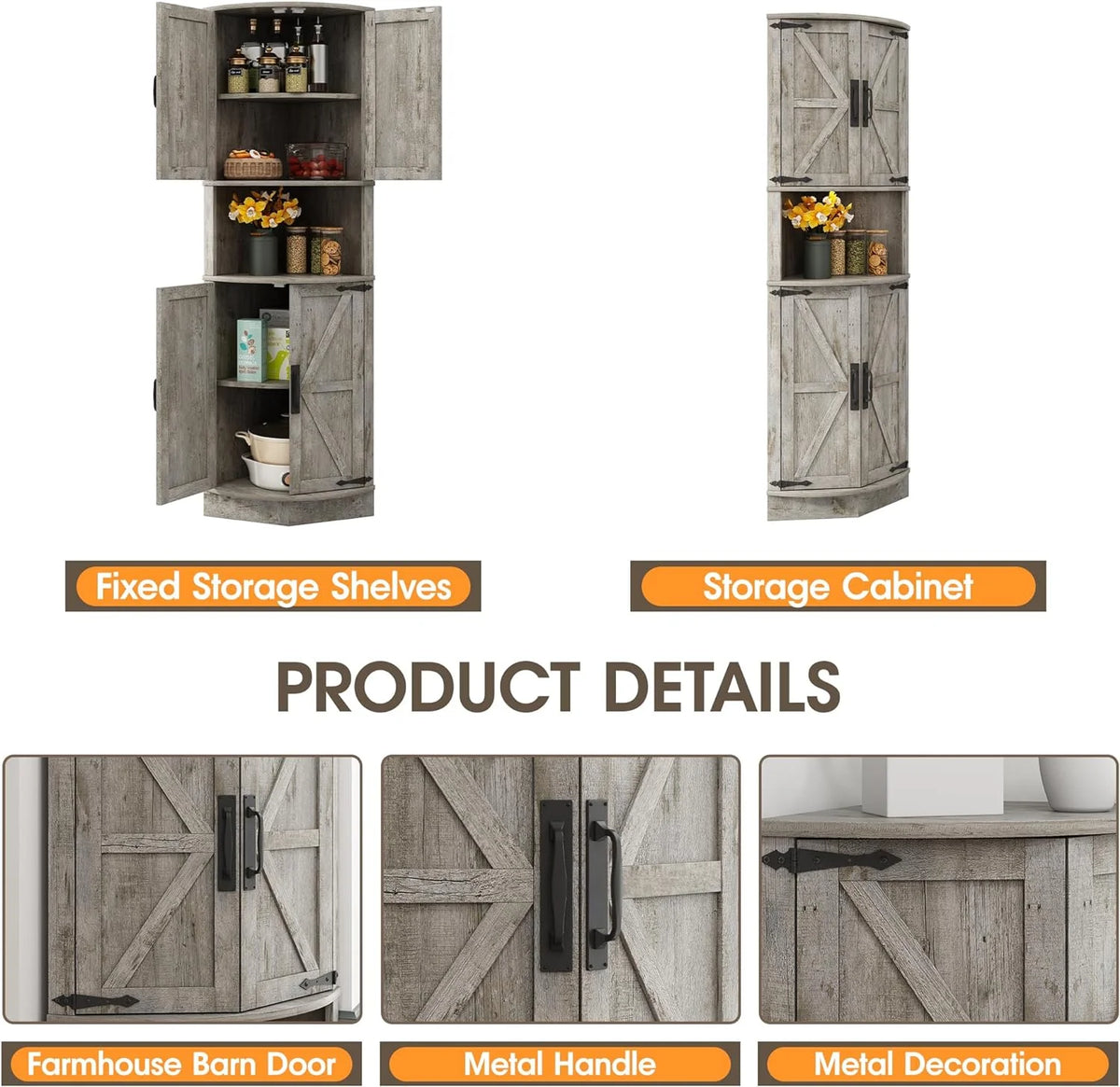 Vabches Farmhouse 64.8'' Tall Corner Cabinet with 4 Doors and 5 Storage Shelves for Kitchen, Living Room, White