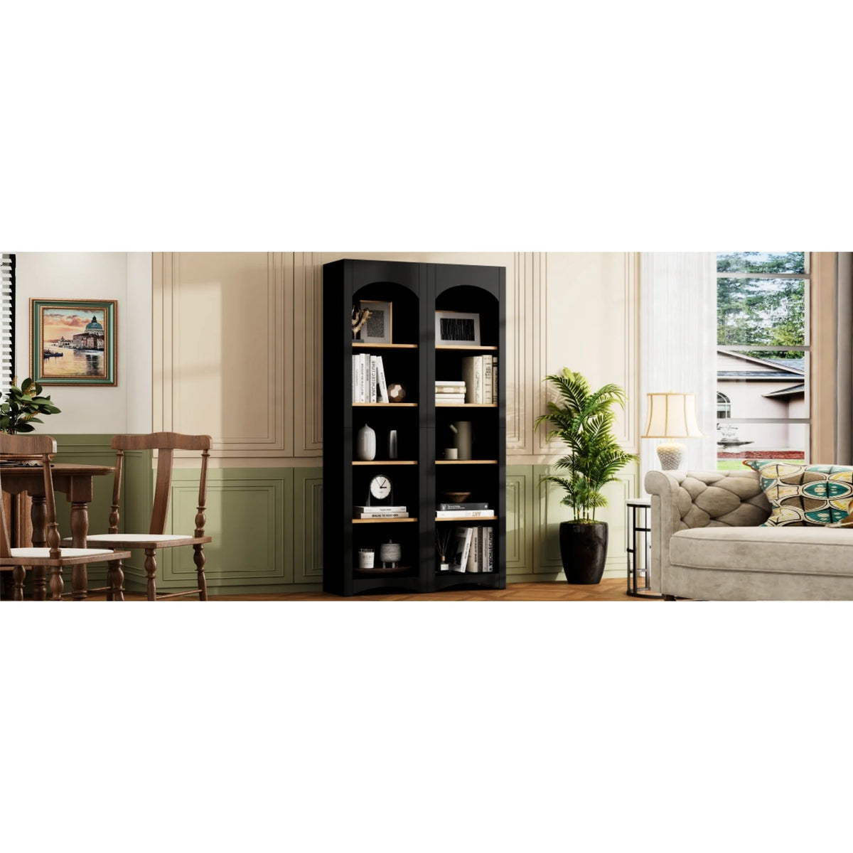 72"h Pantry Pair, 2 , Adjustable Shelves, , Black Finish 2 Bookcase , Cabinet With Vintage Style