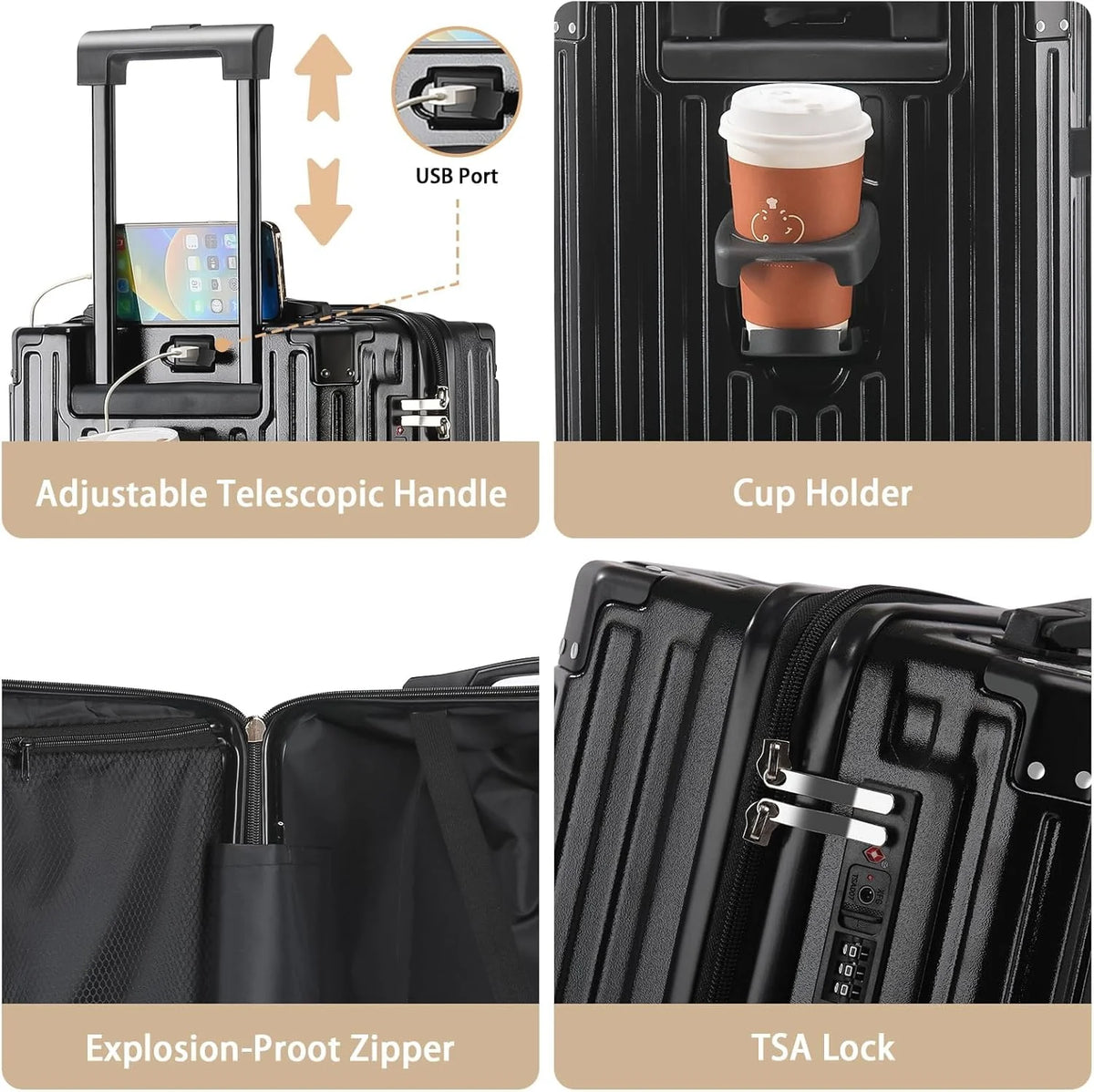 20 Inch Carry On Luggage With Cup Holder & USB Port, Airline Approved TSA-locked Luggage, Lightweight PC Material Travel Suitcase With 360�� Spinner Wheel