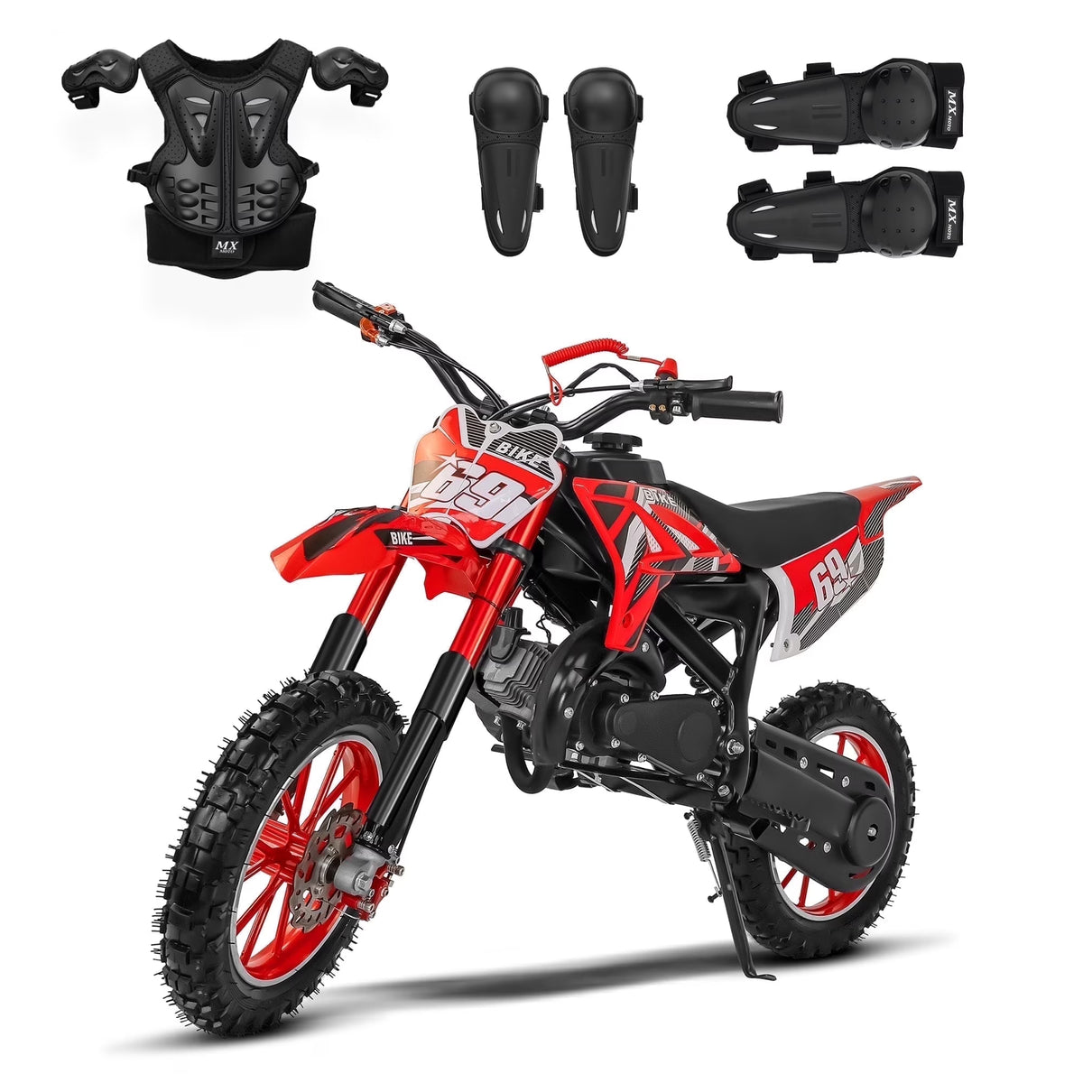 MX moto 49CC Kids Dirt Bicycle, 2-Stroke Gas Powered Off Road Motorcycle, Tire Shock Absorber Spring Soft Seat Cushion with Front and Rear Disc Brake, Max Speed 28 MPH