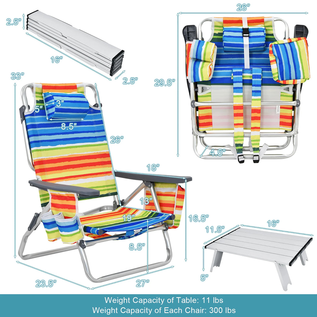 Costway 2-Pack Folding Backpack Beach Chair Table Set 5-Position Outdoor Reclining Chair Pink