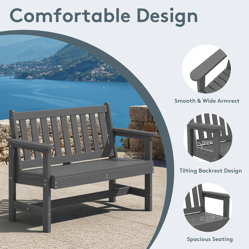 SERWALL Outdoor Bench for 2-Person, Weather-Resistant HDPE with Aluminum Reinforcement, Supports 660 lbs, Comfortable Seating for Patio, Garden, and Porch, Black