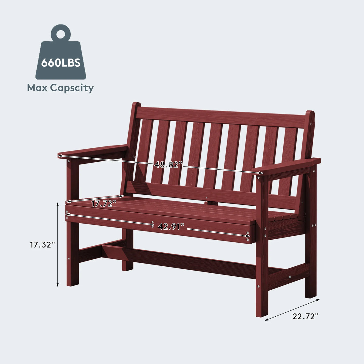 SERWALL Outdoor Bench for 2-Person, Weather-Resistant HDPE with Aluminum Reinforcement, Supports 660 lbs, Comfortable Seating for Patio, Garden, and Porch, Black