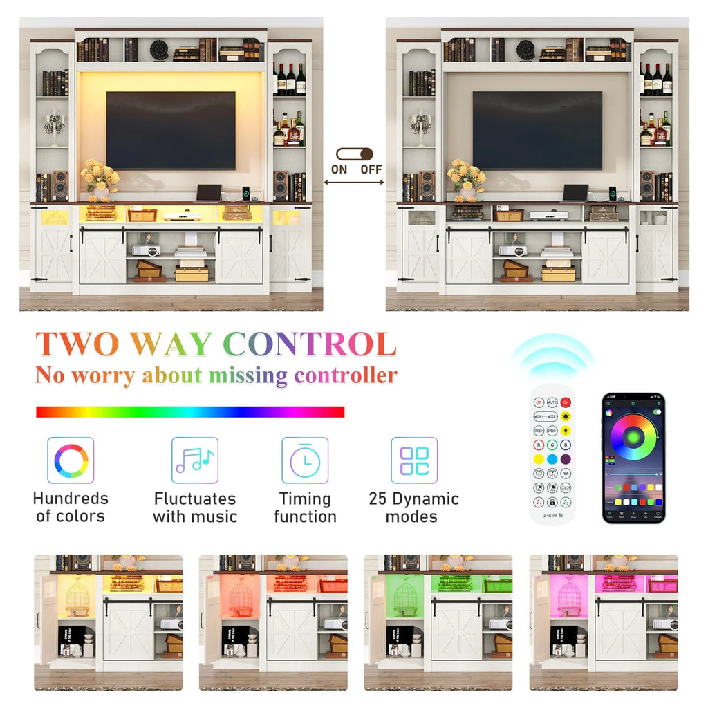 Farmhouse Wall Unit TV Stand with Storage for TVs up to 75", Large Entertainment Center with Bookshelves, LED Light & Power Outlet for Living Room