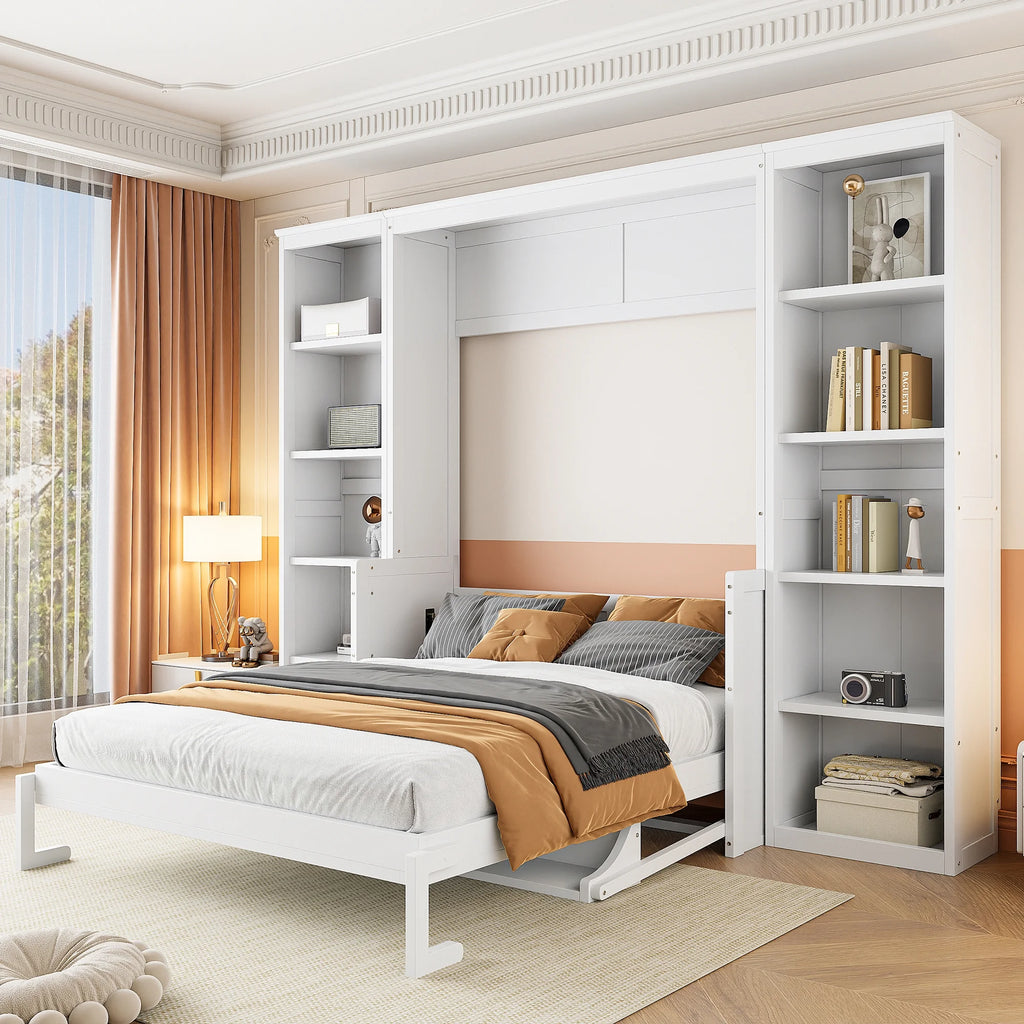 Euroco Wood Full Size Murphy Bed with Desk and Shelves, Space-Saving Wall Bed for Bedroom