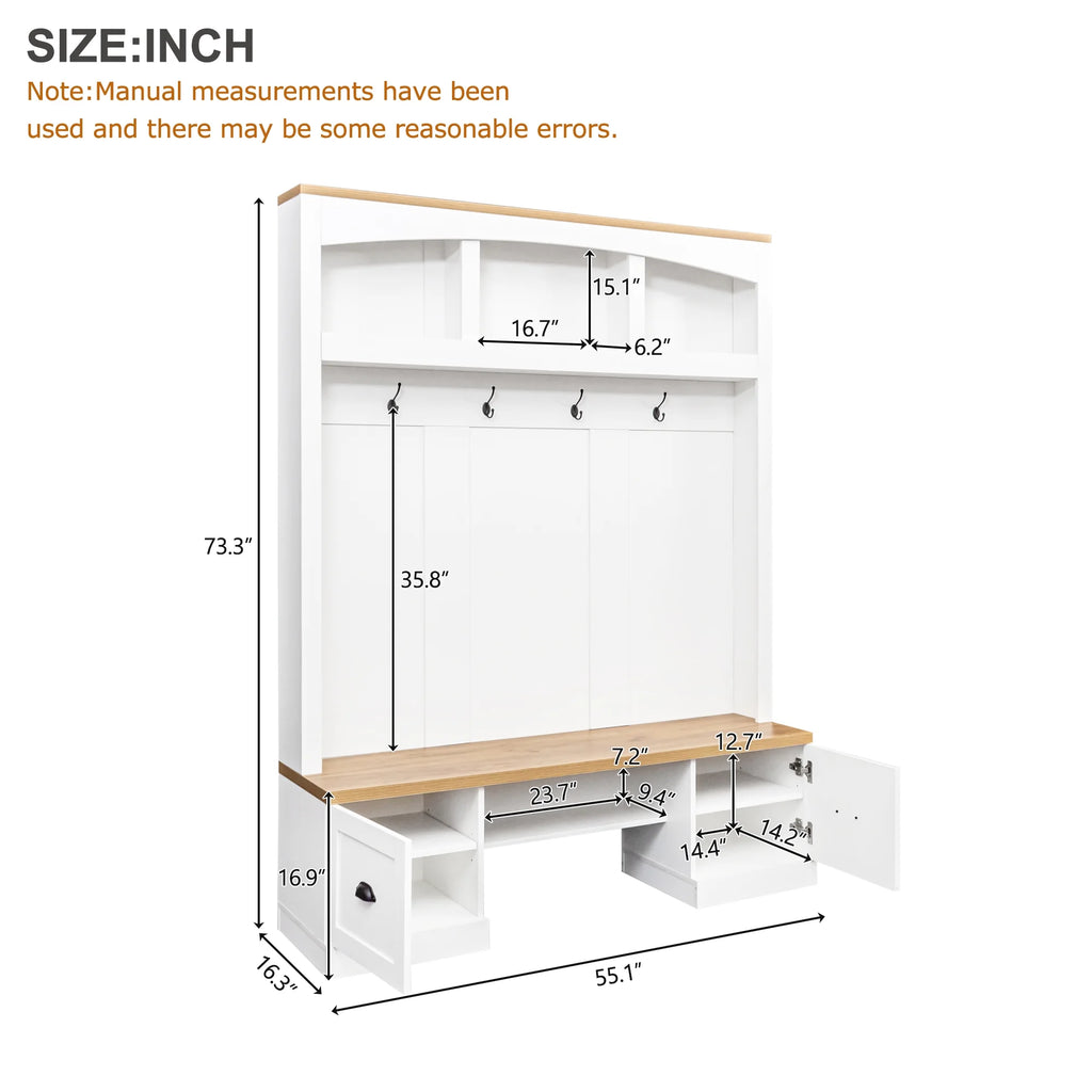 Harper & Bright Designs Farmhouse Hall Tree with Bench and Shoe Storage, Mudroom Bench with Coat Rack and Adjustable Shelves for Hallway, Living Room, White