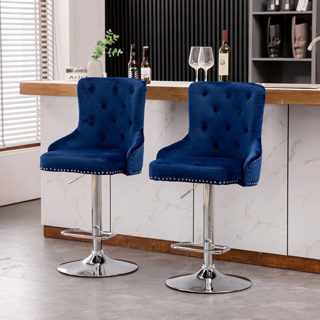 Alexent  2PCS Swivel Bar Stools, High Back, Button Tufted, Silver Footrest and Nailhead Trim Swivel Bar Chairs for Kitchen, Bar Velvet Upholstered Bar Stools, Dark Blue