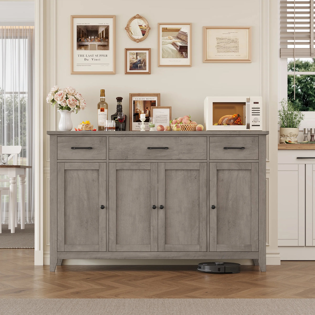 Hiphuta 55"Wide Buffet Cabinet with 2 Adjustable Shelves, Modern Farmhouse Coffee Bar with 3 Drawers and Sturdy Base for Living Room, White