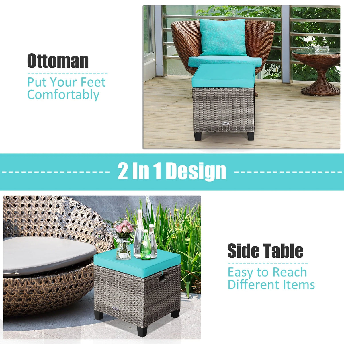 Costway 2PCS Patio Rattan Cushioned Ottoman Seat  Foot Rest TableTurquoise