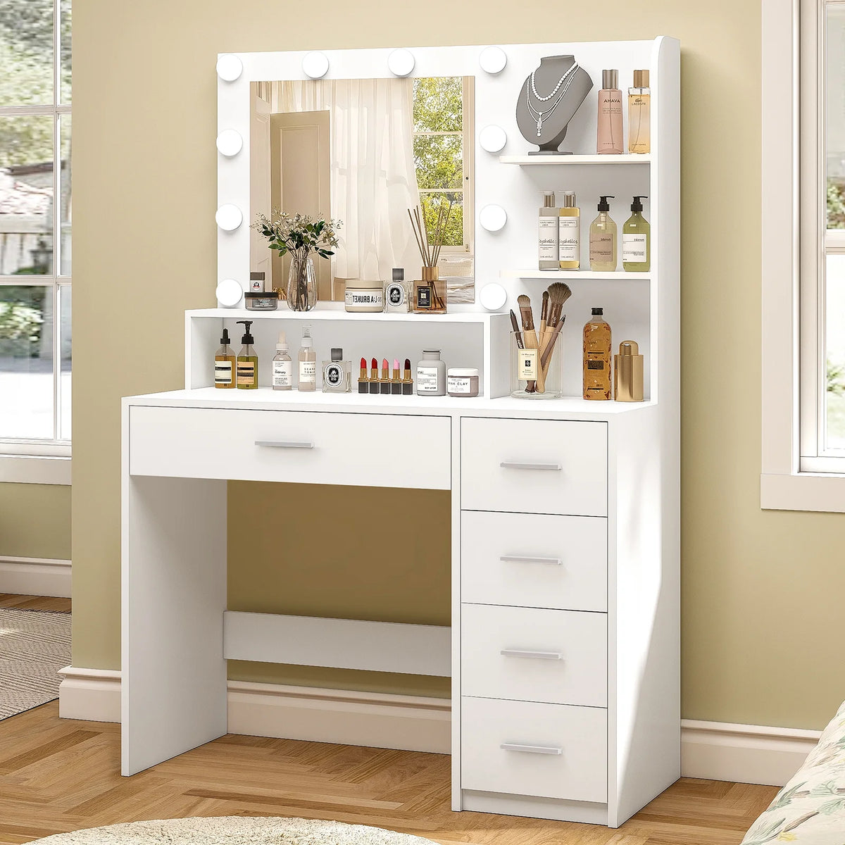 Makeup Vanity Desk with Mirror & Lights, Vanity Table with 5 Drawers & Storage Shelves, Makeup Vanity , 3 Color Modes & Adjustable Brightness Dressing Table, Bedroom, White