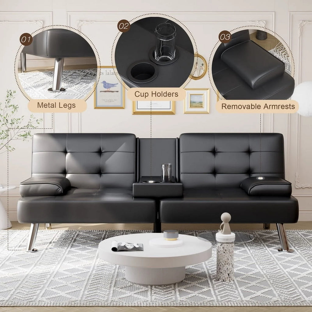 Furmax Futon Sofa Bed Convertible Folding Faux Leather Couch with 2 Cup Holders,Black