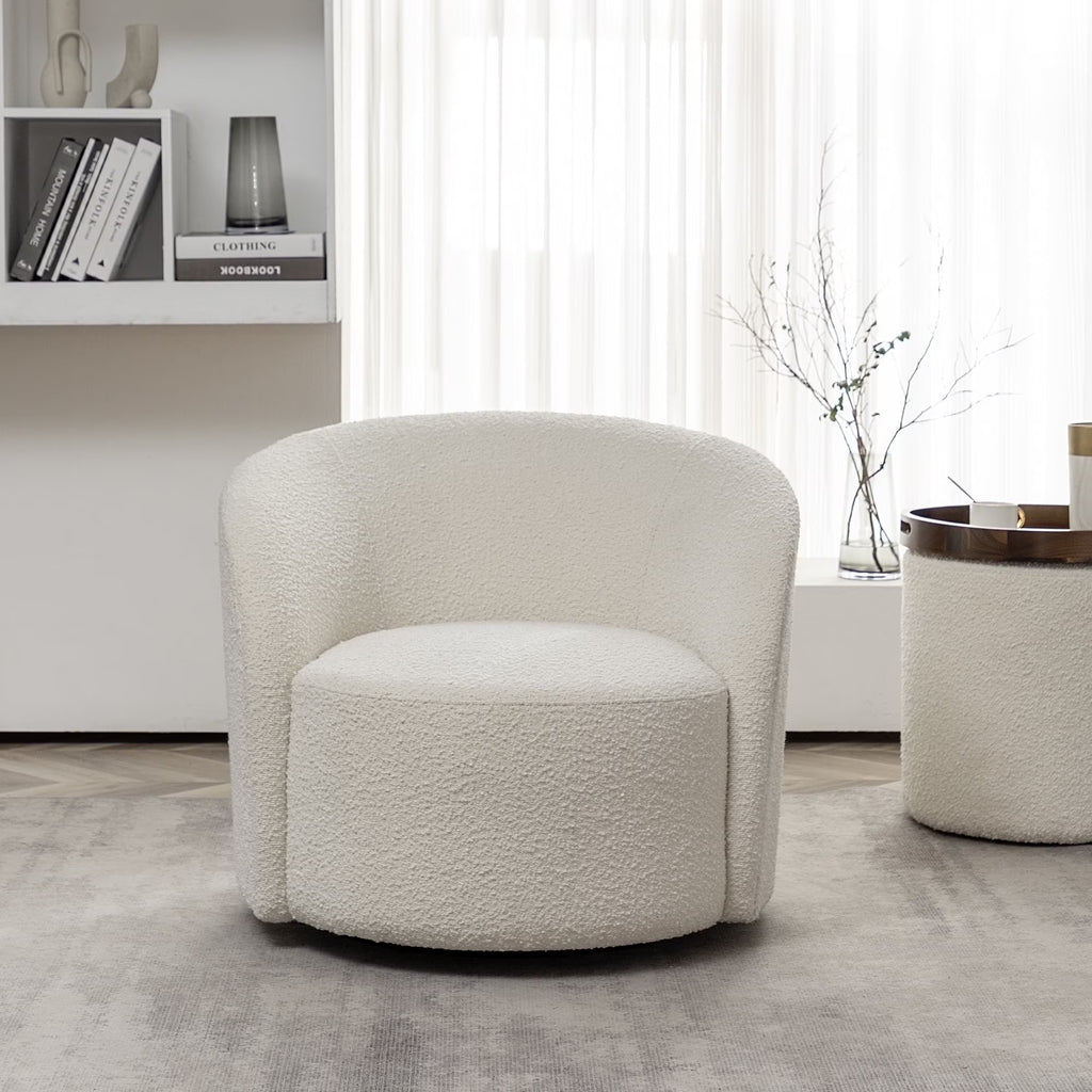 34" W Mid Century Modern Swivel Barrel Chair, Round Upholstered Boucle Swivel Accent Chairs, No Assembly Sofa Chair for Living Room Bedroom Reading Apartment Lounge Nursery(Cream)