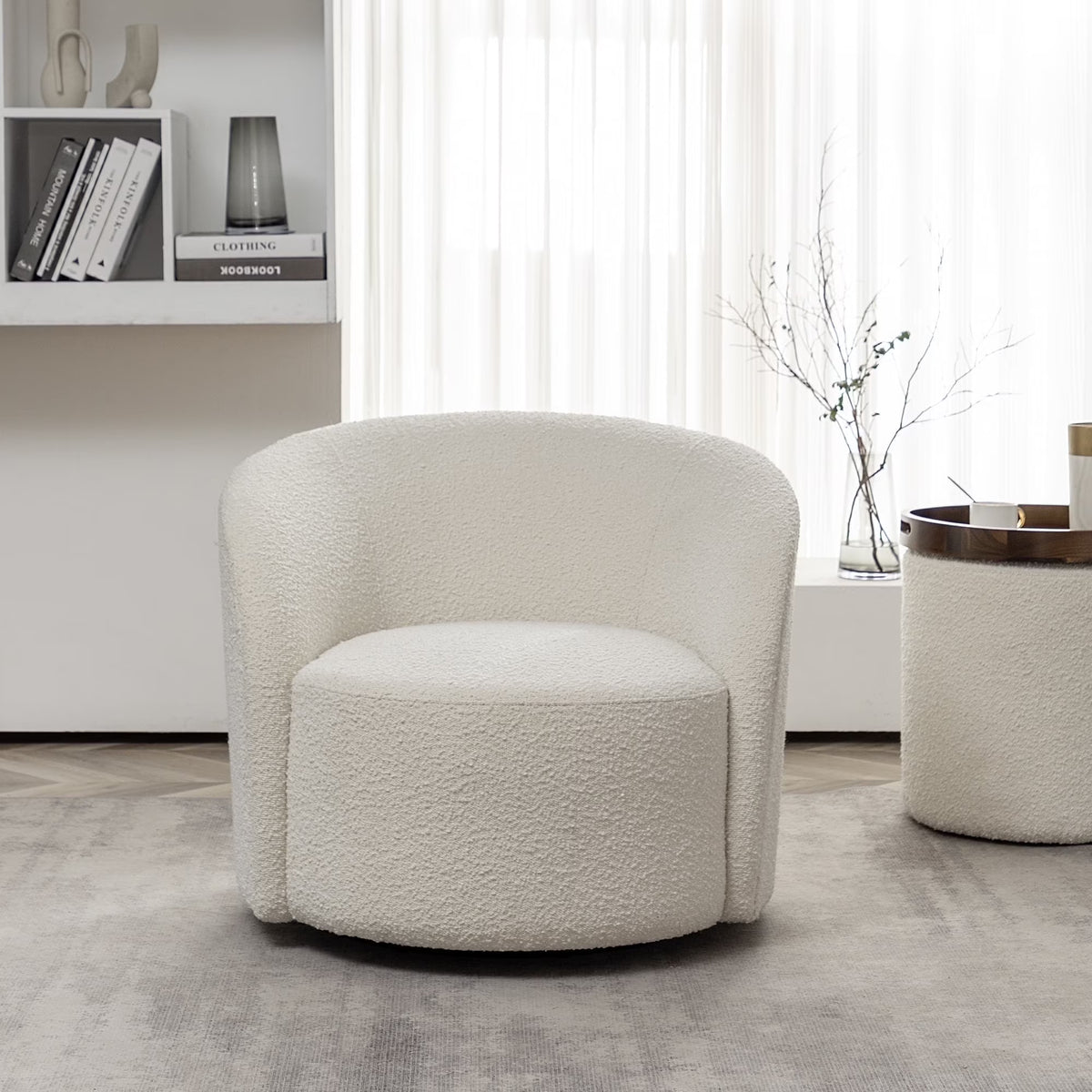 34" W Mid Century Modern Swivel Barrel Chair, Round Upholstered Boucle Swivel Accent Chairs, No Assembly Sofa Chair for Living Room Bedroom Reading Apartment Lounge Nursery(Cream)