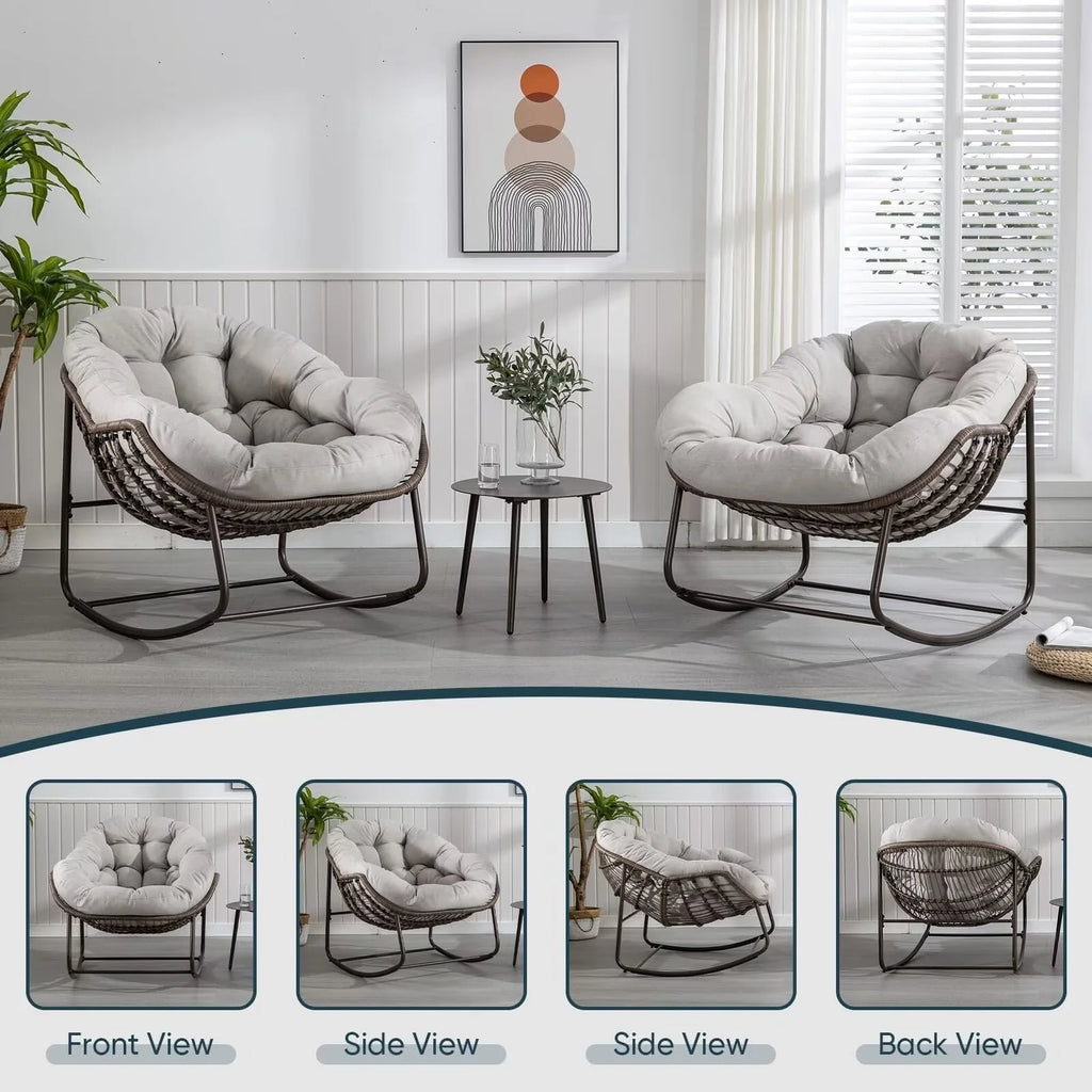 Outdoor Papasan Rocking Chair, Patio Oversized Wicker Egg Rocking Chair, Indoor & Outdoor Comfy Rocker Chair with Thick Cushion, Modern Lounge Chair for Front Porch, Garden, Backyard, Grey
