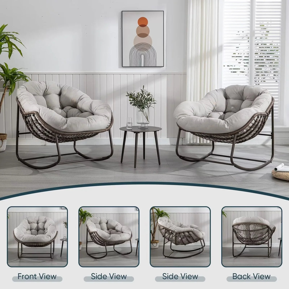 Outdoor Papasan Rocking Chair, Patio Oversized Wicker Egg Rocking Chair, Indoor & Outdoor Comfy Rocker Chair with Thick Cushion, Modern Lounge Chair for Front Porch, Garden, Backyard, Grey