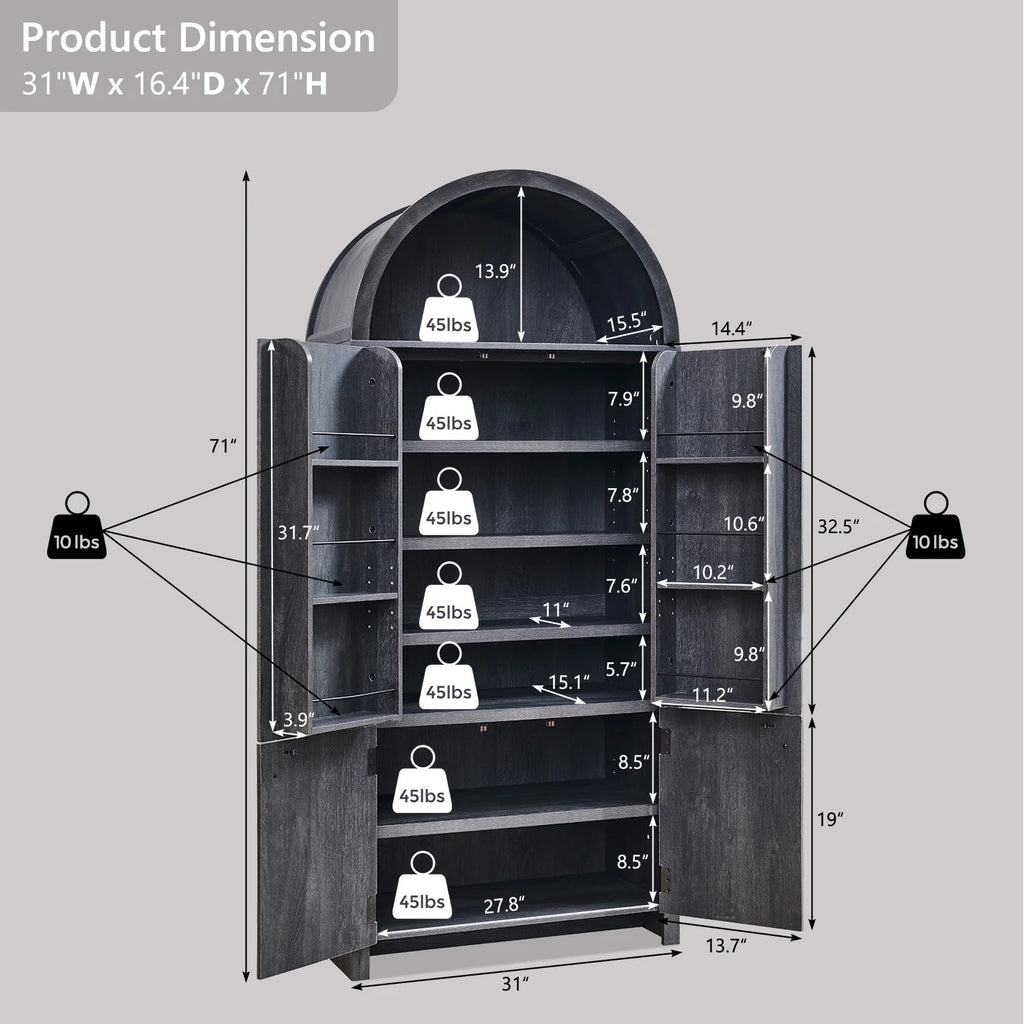 SinCiDo Arched Kitchen Pantry Storage Cabinet, 71-Inch Tall Wood Adjustable Shelves, 2 Doors, 2 Drawers