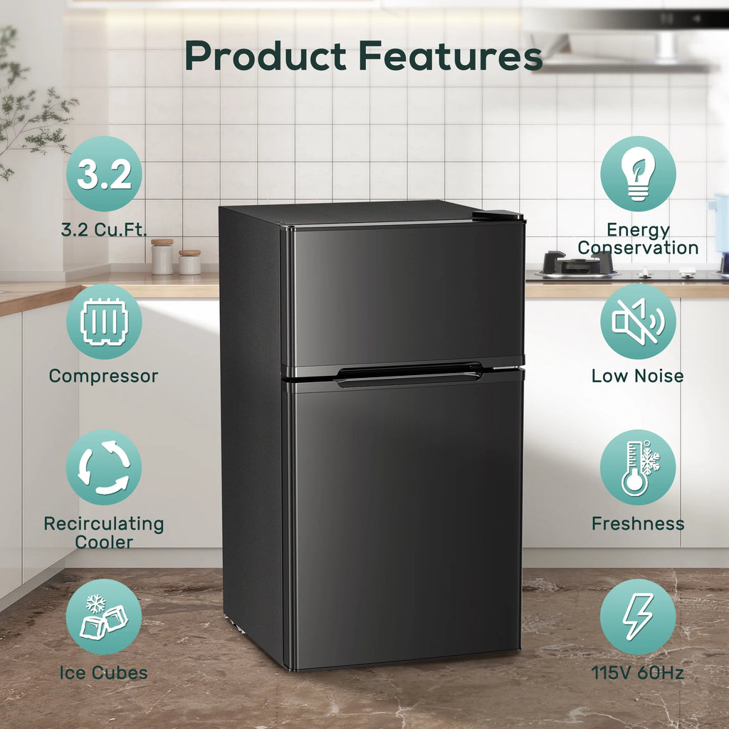 Auseo 3.1 Cu.Ft Double Door Mini Fridge with Freezer, Compact Retro Refrigerator for Dorm, Office, Bar, Bedroom, Black