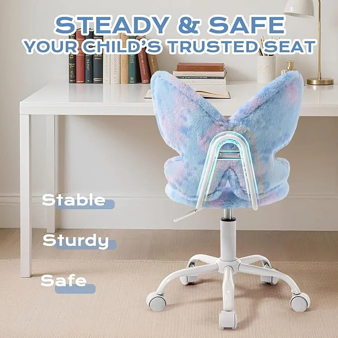 Adorable Butterfly Kids Desk Chair - Comfy Swivel Computer Chair for Girls Room, Fluffy Kids Office Chair for Reading & Vanity,Blue